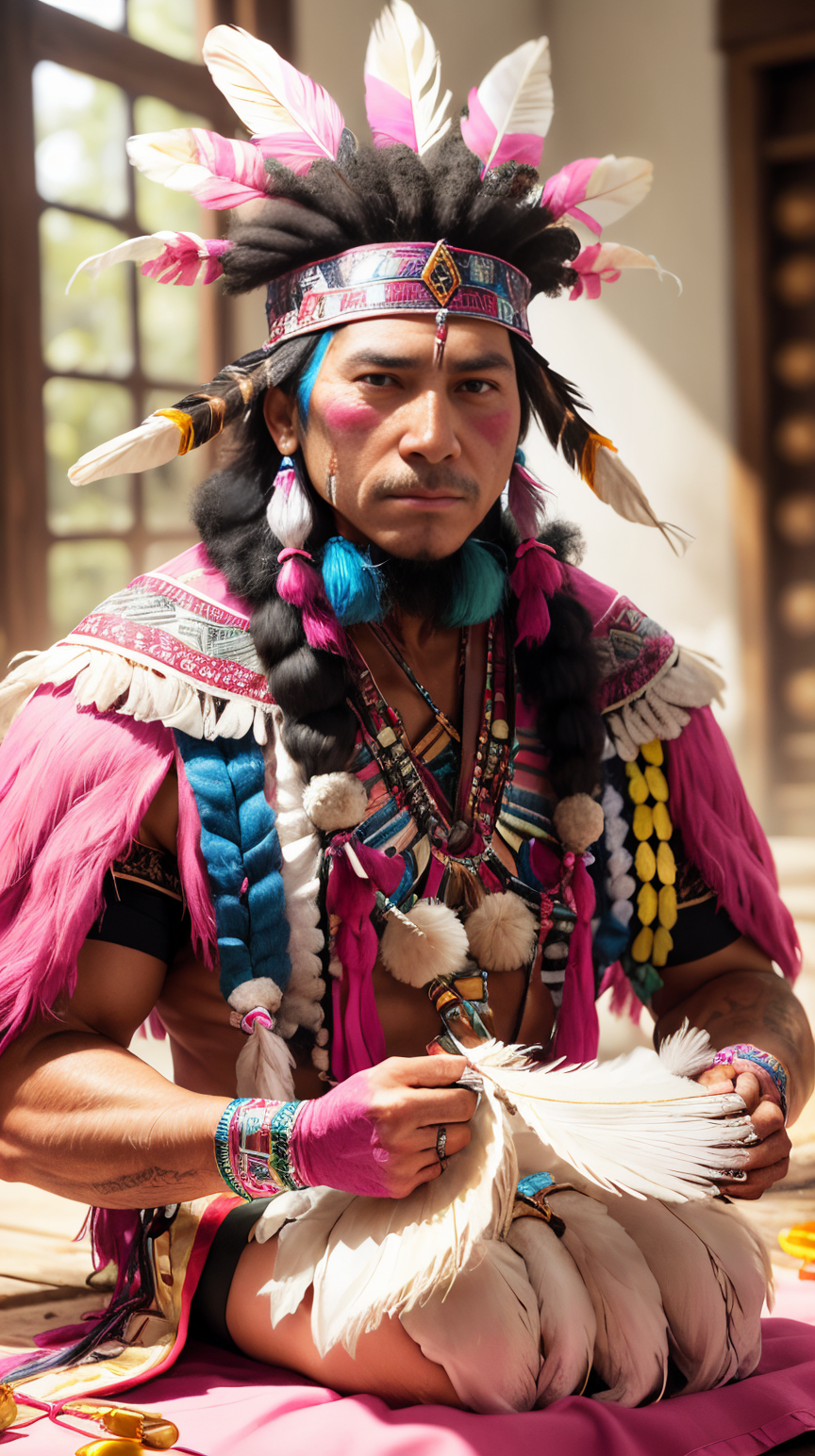 <lora:BarbieCore:0.8> BarbieCore a Native American chief adorned in feathers preparing for a sacred ritual, (shiny plastic...
